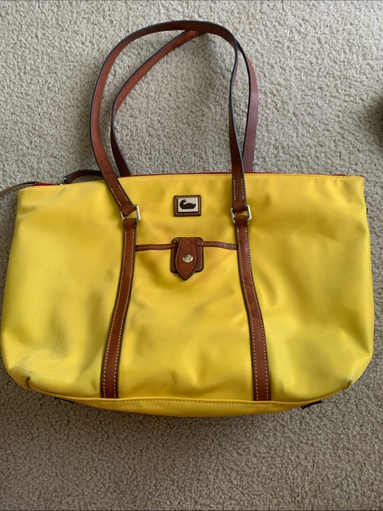 Dooney & Bourke Handbags - Dooney & Bourke Yellow Tote with Brown Leather Trim and Straps